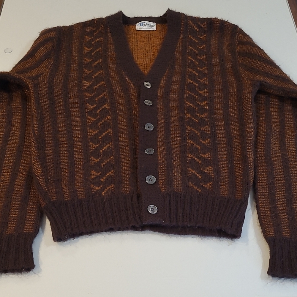 EUC VTG Huntingdon Mills Orlon-Acrylic Knit Neutral Tone Button Front Cardigan